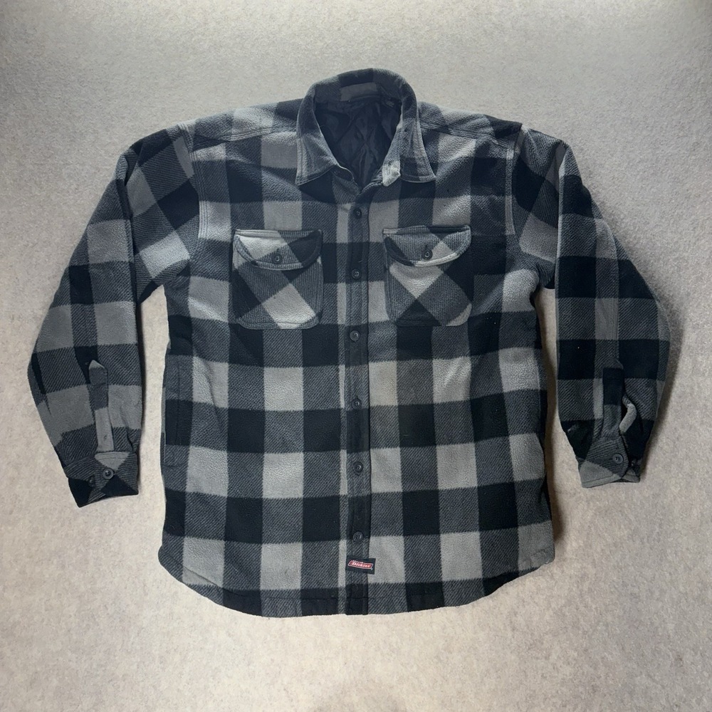 Dickies Men's Black Gray Big Check Plaid Flannel Quilted Lined Jacket Coat Sz L